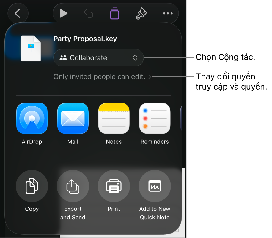 Menu Chia sẻ với Cộng tác được chọn ở trên cùng và các cài đặt quyền truy cập và quyền ở bên dưới.