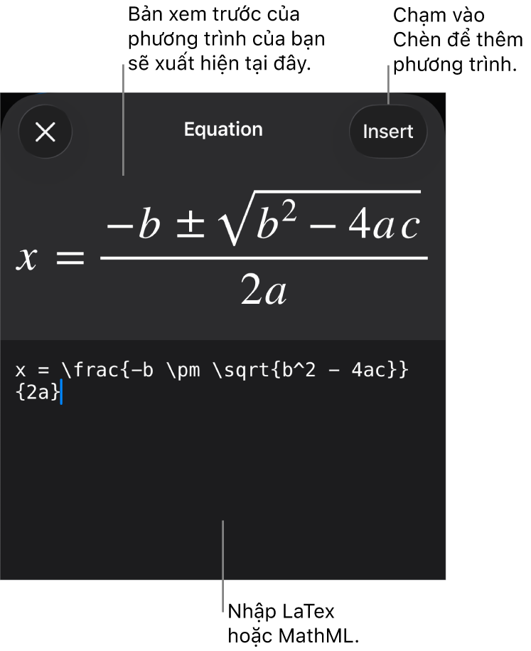 Hộp thoại Phương trình, đang hiển thị phương trình được viết bằng các lệnh MathML và bản xem trước của công thức ở bên trên.
