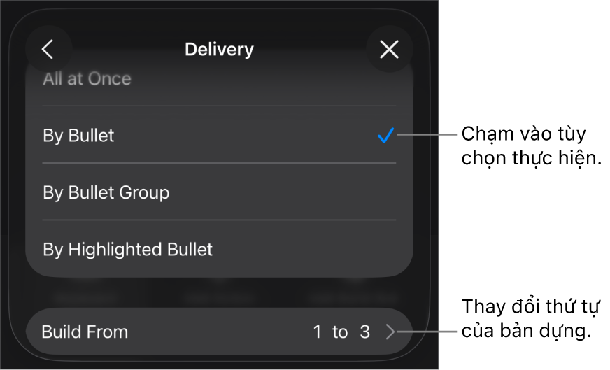 Tùy chọn Thực hiện trong khung Xuất hiện.