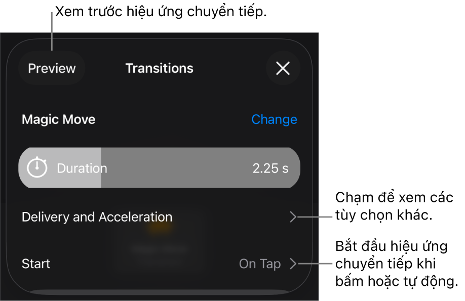 Các điều khiển Chuyển động ma thuật trong khung Chuyển tiếp.