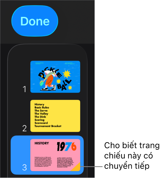 Tam giác màu vàng trên trang chiếu biểu thị rằng trang chiếu được áp dụng hiệu ứng chuyển tiếp.