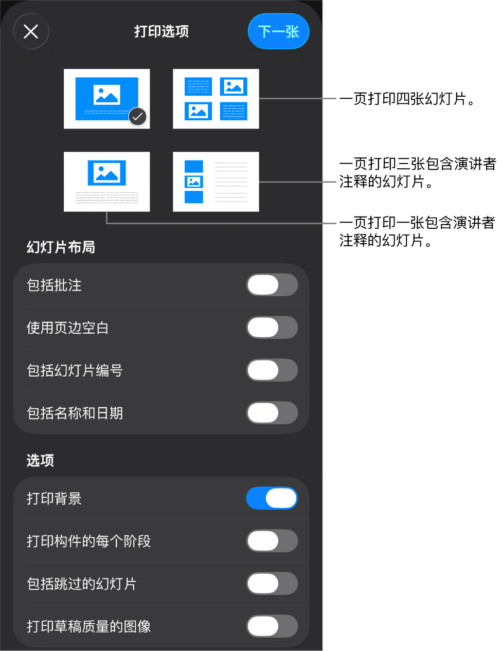 打印布局选项。