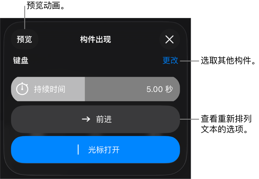 “构件出现”选项包括“持续时间”、“文本动画”和“播放方式”。轻点“更改”以选取其他构件，或轻点“预览”以预览构件。