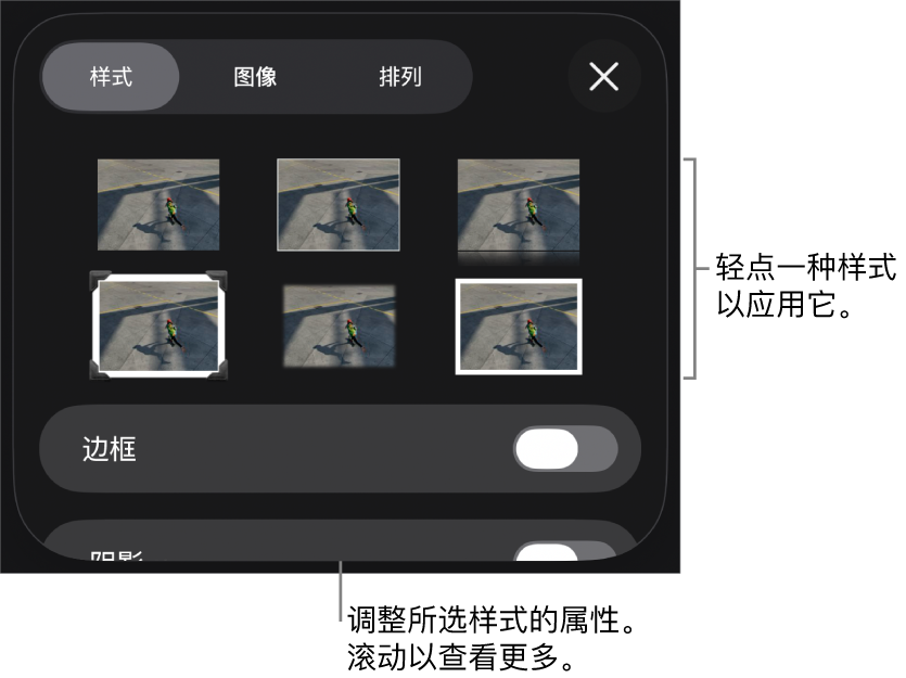 “格式”菜单中的“样式”标签，顶部为对象样式，样式下方为更改边框的控制。