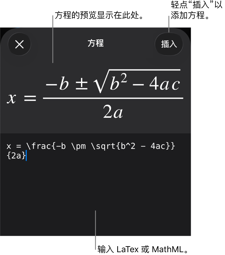 “方程”对话框，显示使用 MathML 命令所写的方程，以及上方公式的预览。