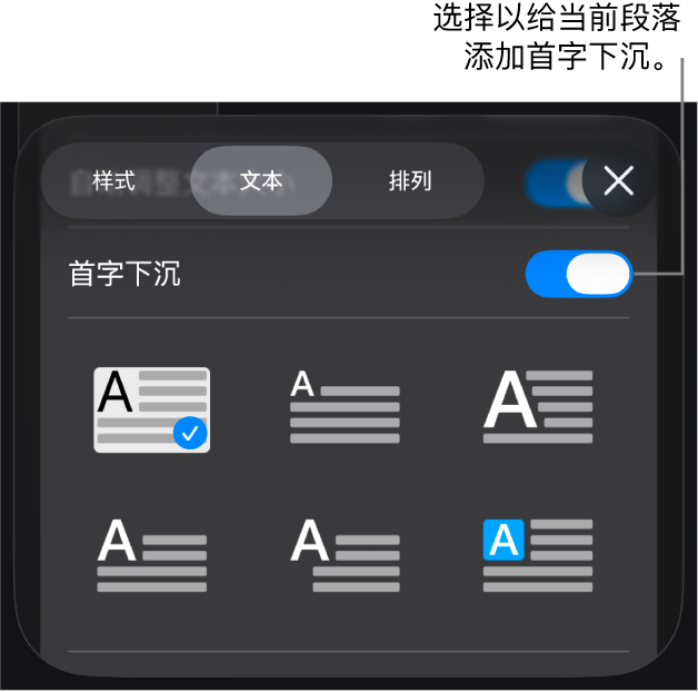 位于“文本”菜单中的“首字下沉”控制。