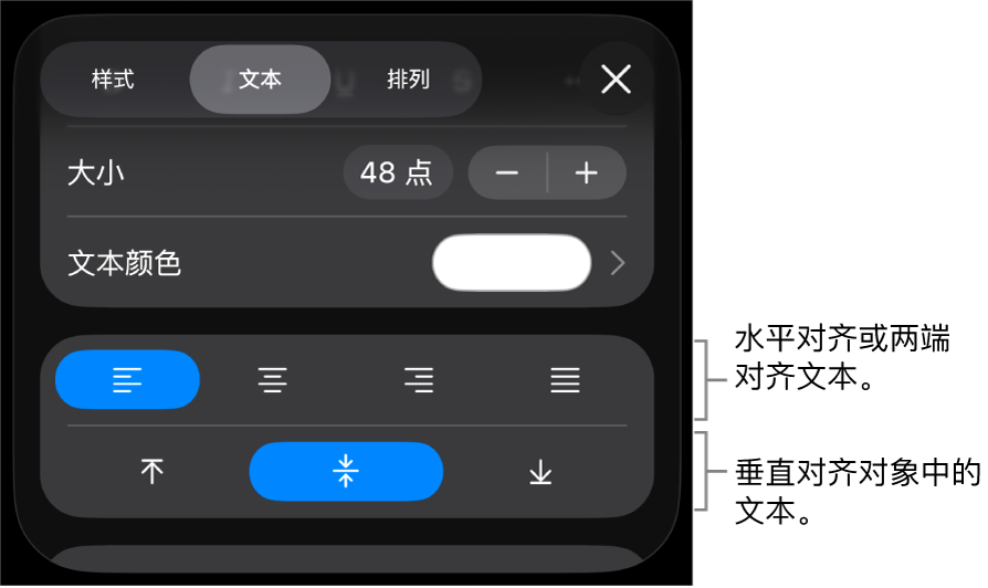 含文本对齐按钮标注框的“格式”按钮的“对齐”部分。