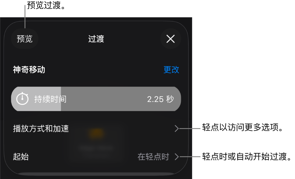 “过渡”面板中的“神奇移动”控制。