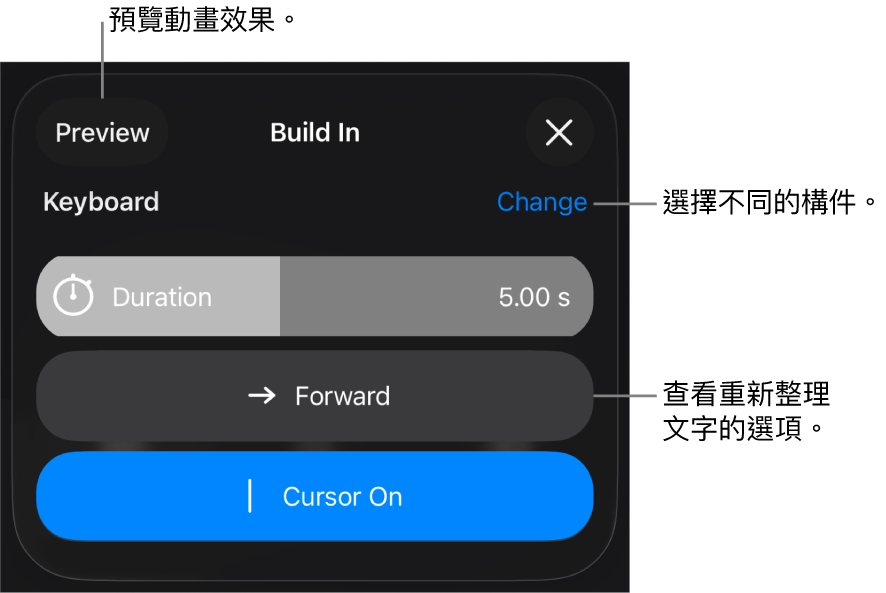 「構件進入」選項包含「持續時間」、「文字動畫」和「播放方式」。點一下「更改」來選擇不同構件，或點一下「預覽」來預覽構件。