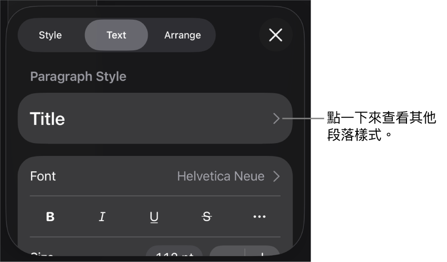 「格式」選單中顯示用於設定段落及字元樣式、字體、大小和顏色的文字控制項目。
