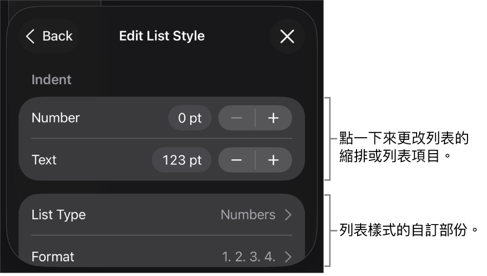 「編輯列表樣式」選單,其中包括用於編輯列表樣式和外觀的控制項目。