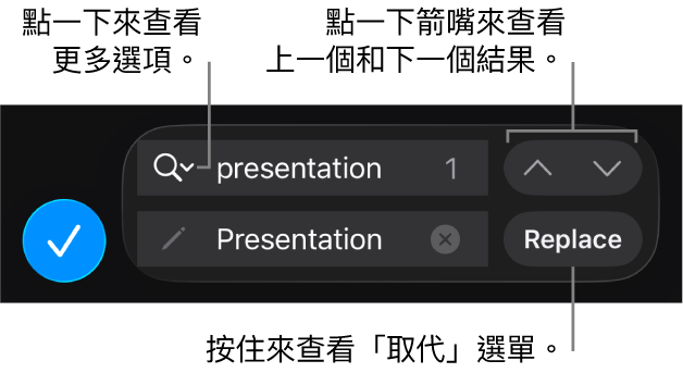 鍵盤上方的「尋找與取代」控制項目，其中包括「取代」、「往上」和「往下」的按鈕，以及點一下以取得「搜尋選項」的箭嘴。
