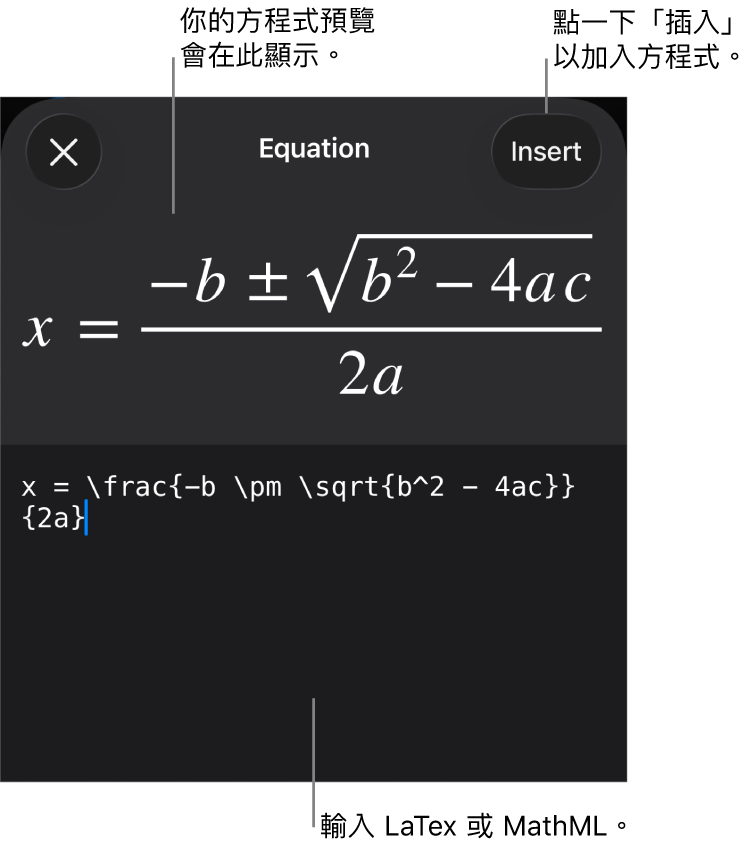 「方程式」對話框，顯示使用 MathML 指令寫入的方程式，上方是公式的預覽。