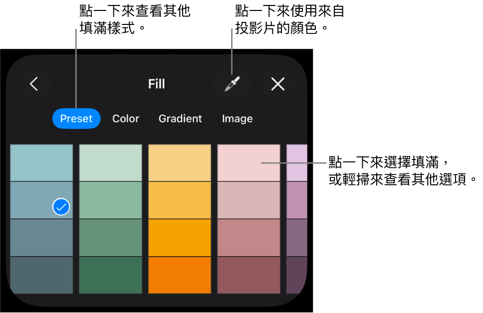 「樣式」分頁中的「填滿」選項。