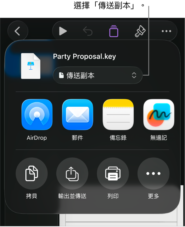 「分享」選單的最上方已選取「傳送副本」。