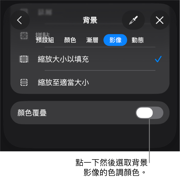 「背景」控制項目底部為設為幻燈片背景的影像和「顏色覆疊」控制項目。