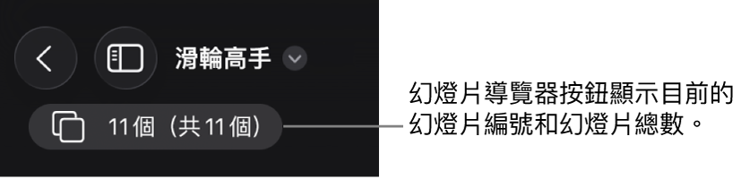 幻燈片導覽器按鈕顯示目前的幻燈片編號，以及簡報中的幻燈片總數。