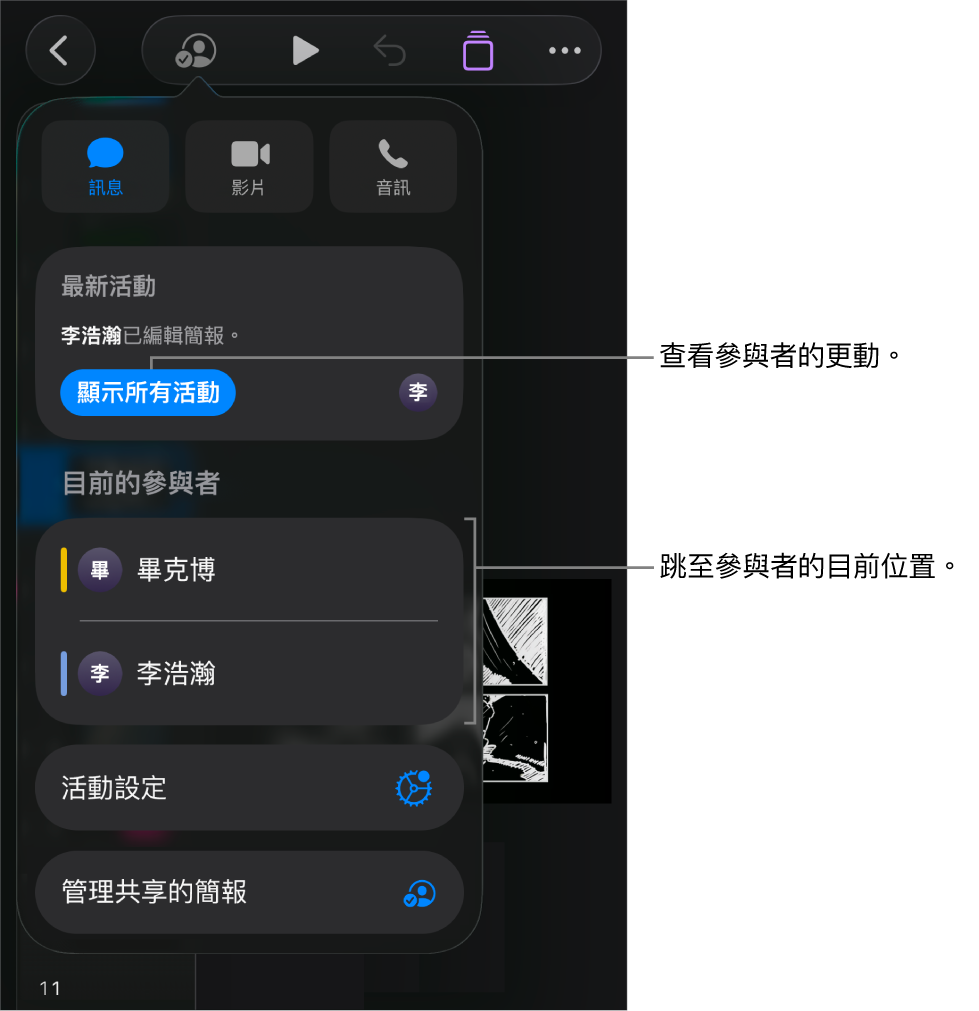 合作選單列出目前的參與者。
