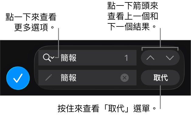 鍵盤上方的「尋找與取代」控制項目帶有「取代」、「往上」和「往下」按鈕,以及可點一下來開啟「搜尋選項」的箭頭。