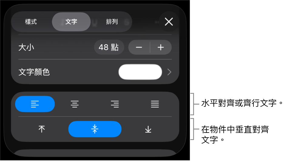 「格式」按鈕的「對齊方式」部分，說明文字指向文字對齊方式按鈕。