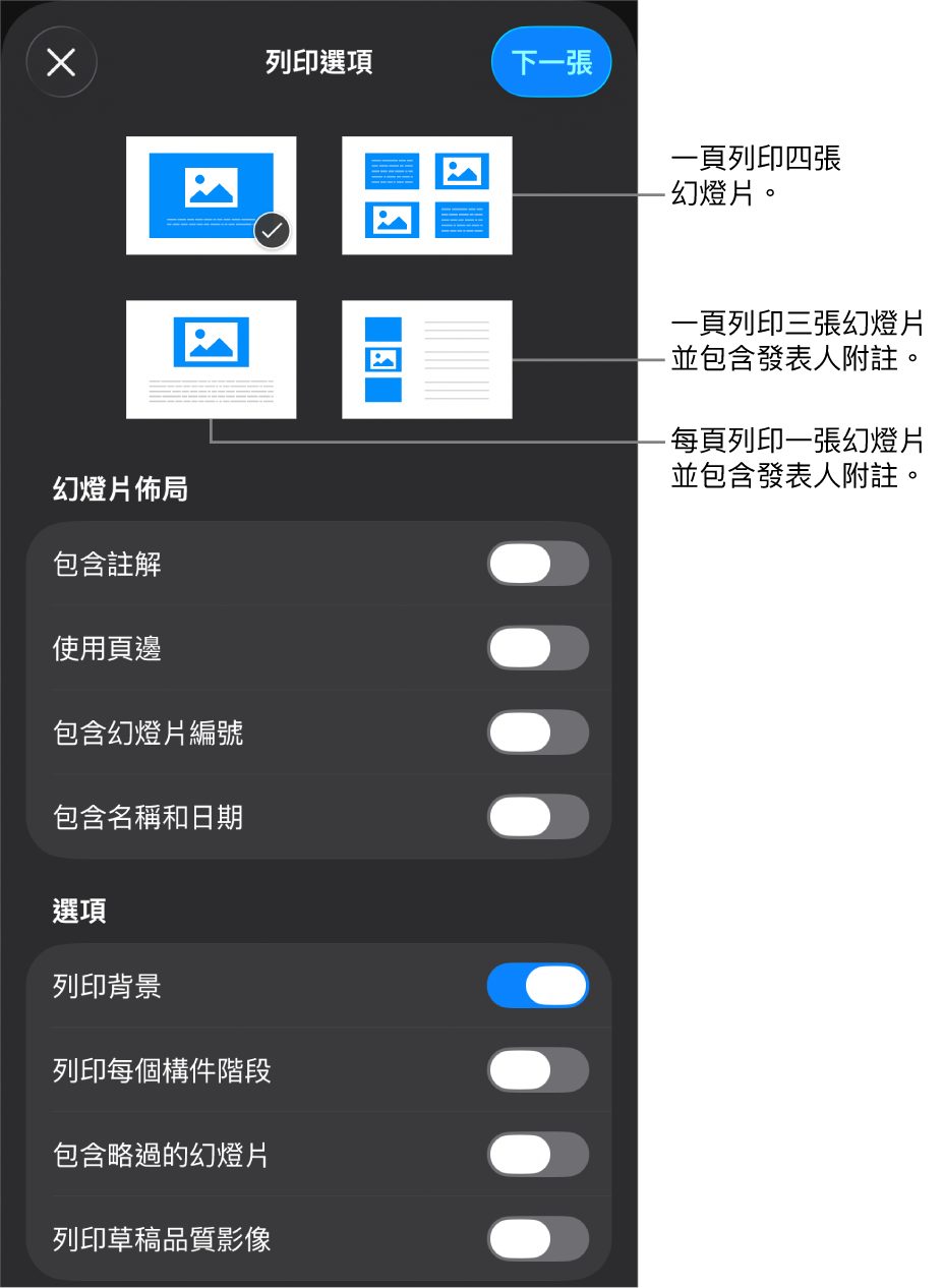 列印佈局選項。