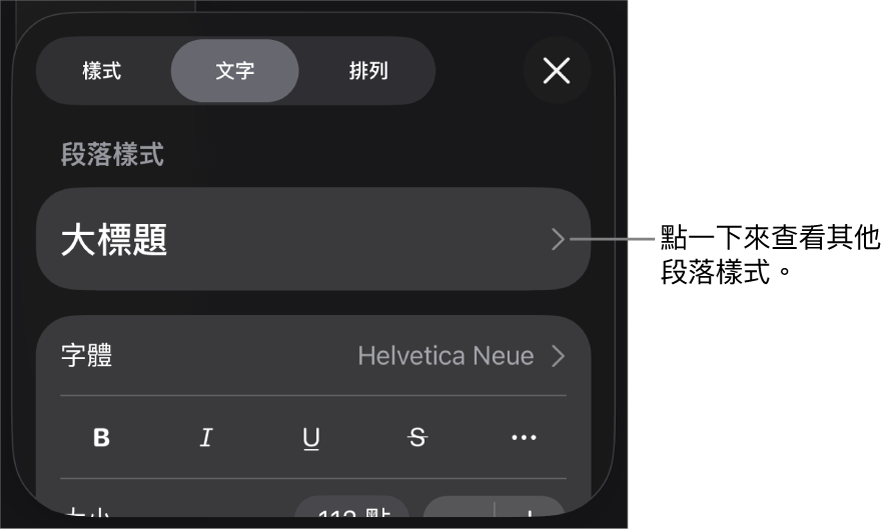 「格式」選單中顯示用於設定段落及字元樣式、字體、大小和顏色的文字控制項目。