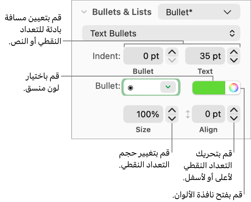 قسم التعداد الرقمي والنقطي مع وسائل شرح لعناصر التحكم في المسافة البادئة للنص والتعداد النقطي، ولون التعداد النقطي، وحجم التعداد النقطي، والمحاذاة.