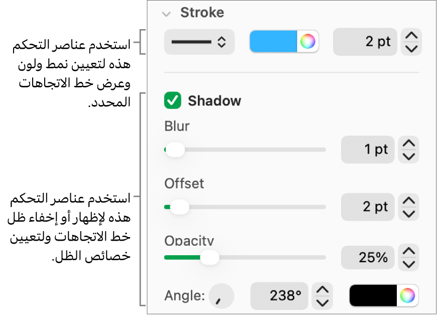 عناصر تحكم الشريط الجانبي لتغيير مظهر خطوط الاتجاهات.