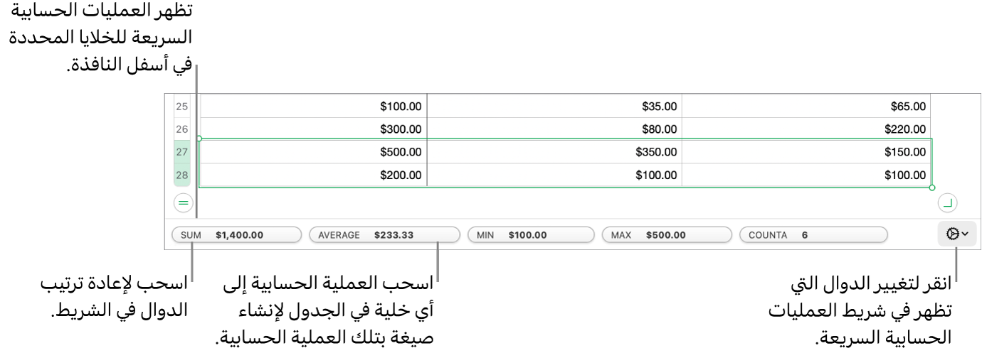 اسحب لإعادة ترتيب الدوال، أو اسحب عملية حسابية إلى خلية جدول لإضافتها، أو انقر على قائمة تغيير الدوال لتغيير الدوال التي يتم إظهارها.