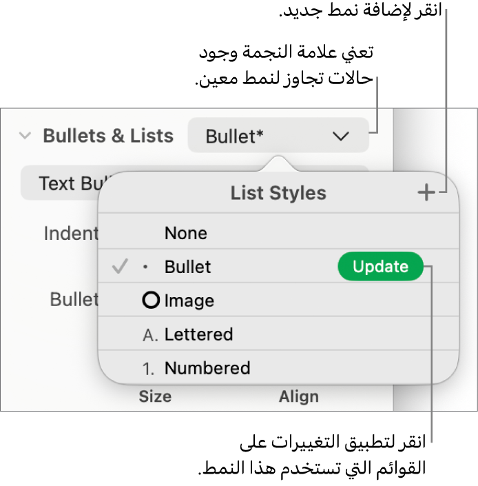 القائمة المنبثقة أنماط القائمة تعرض علامة نجمية تشير إلى تجاوز ووسائل شرح لزر نمط جديد وقائمة فرعية بخيارات لإدارة الأنماط.