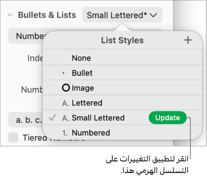 القائمة المنبثقة أنماط القائمة بها زر تحديث بجوار اسم النمط الجديد.