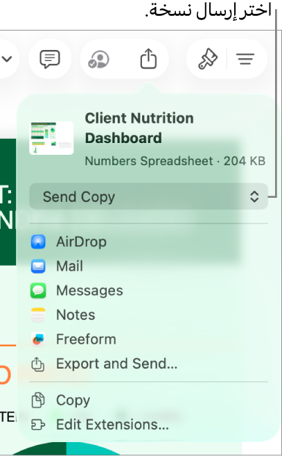 القائمة مشاركة حيث يظهر بها الخيار إرسال نسخة محددًا في الجزء العلوي.
