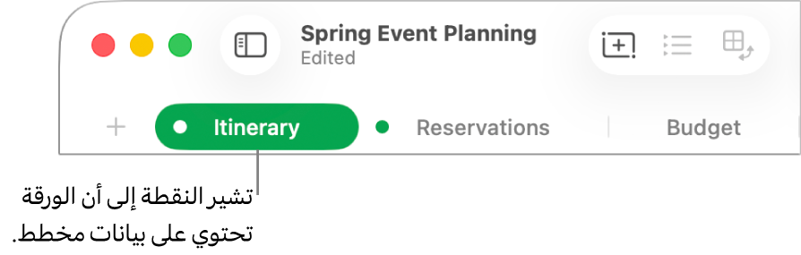 علامة تبويب لورقة تحتوي على نقطة تشير إلى أن هناك جدولاً في هذه الورقة مُشار إليه في المخطط الذي تحرّر بياناته حاليًا.