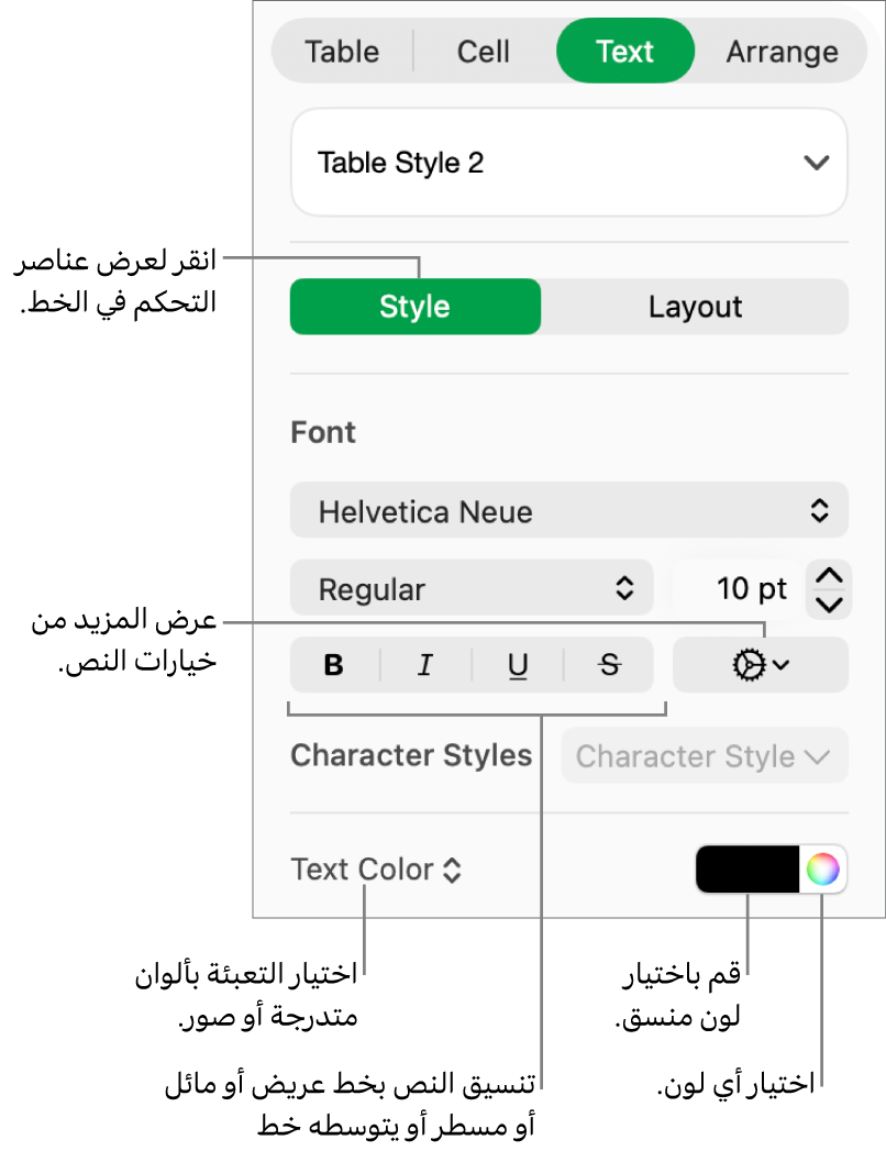 عناصر التحكم الخاصة بتطبيق أنماط نص الجدول.