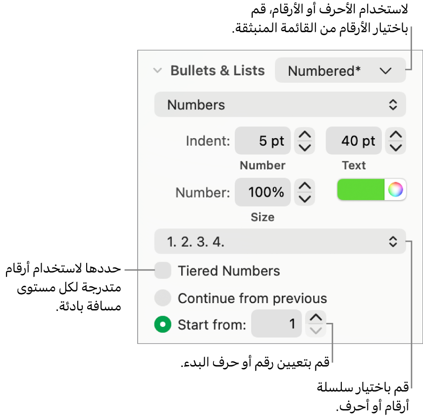 عناصر التحكم في تغيير نمط الأرقام وتباعد القائمة.