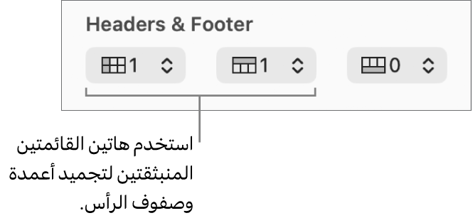 القوائم المنبثقة لإضافة أعمدة وصفوف الرؤوس والتذييلات إلى جدول ولتجميد صفوف وأعمدة الرؤوس.
