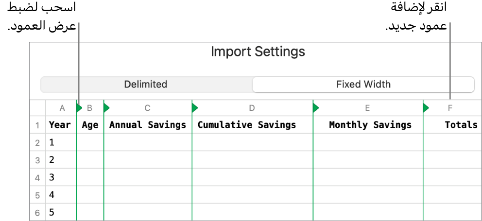 إعدادات الاستيراد لملف نصي ثابت العرض.
