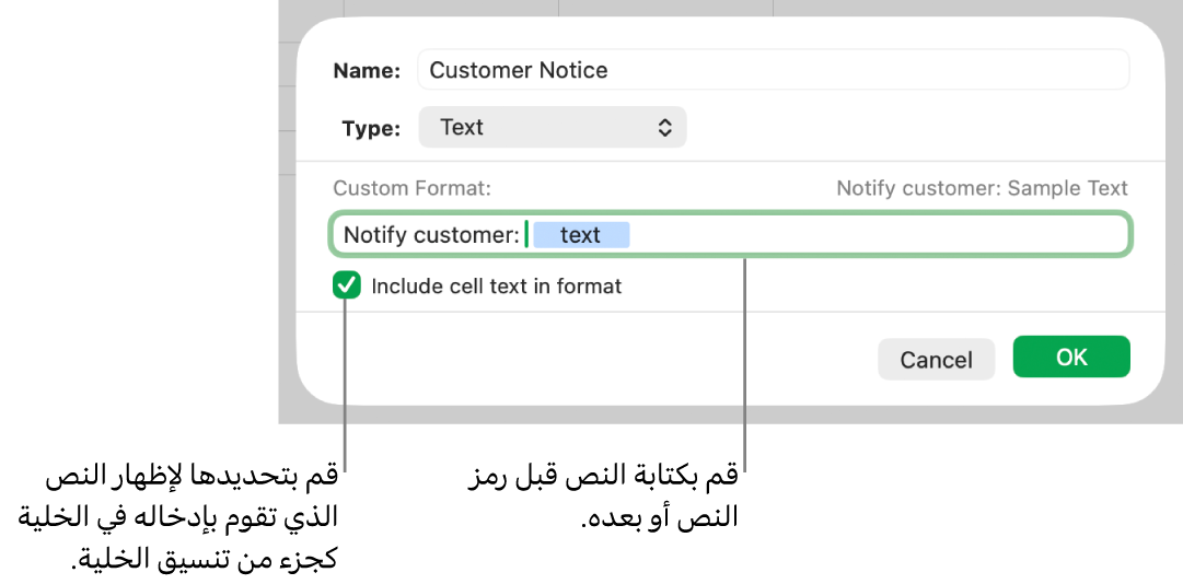 تنسيق خلية نص مخصص.