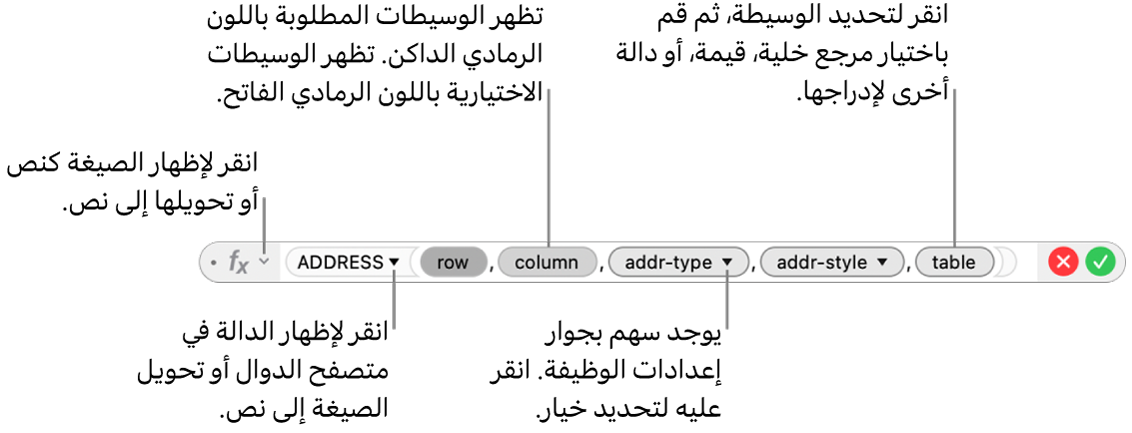 محرر الصيغ وتظهر به دالة ADDRESS ورموز الوسائط الخاصة بها.