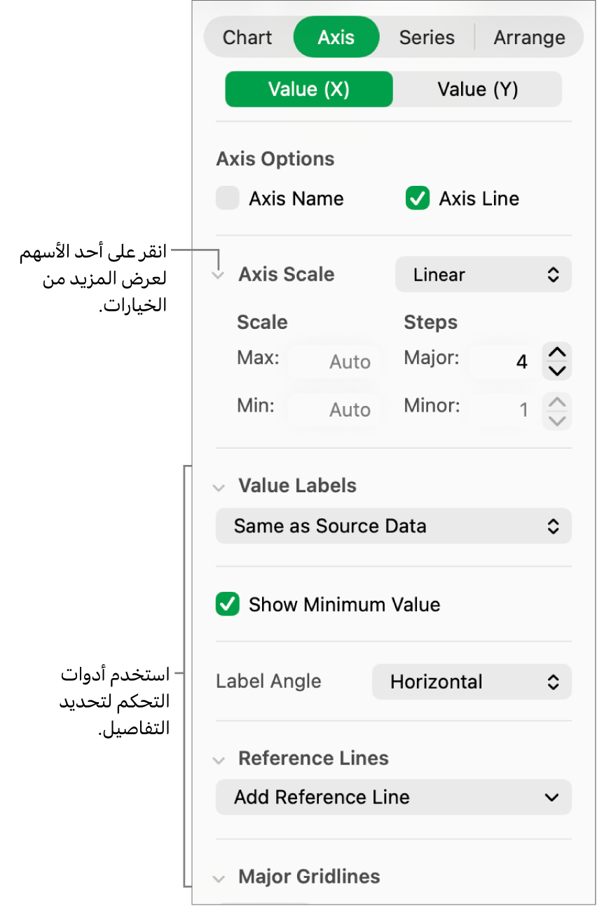 عناصر تحكم لتنسيق علامات محاور المخطط.