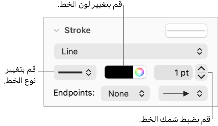 عناصر التحكم لإعداد نقاط النهاية، وسماكة الخط، واللون.