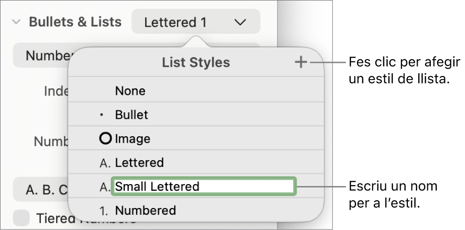 El menú emergent “Estils de llista”, amb un botó “Afegeix” a l’angle superior dret i un nom d’estil de marcador de posició amb el seu text seleccionat.