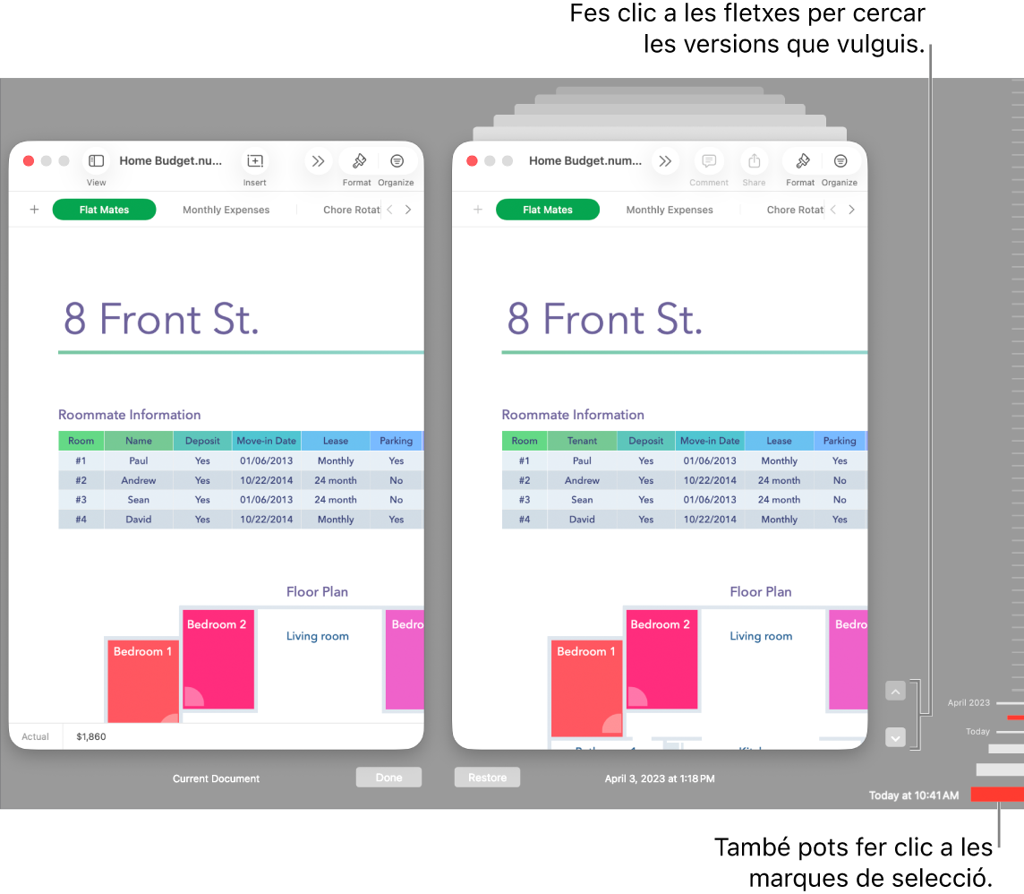 La finestra “Reverteix”, que mostra les versions que pots explorar.