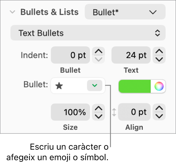 La secció “Vinyetes i llistes” de la barra lateral Format. El camp Vinyeta amb un emoji d’estrella.