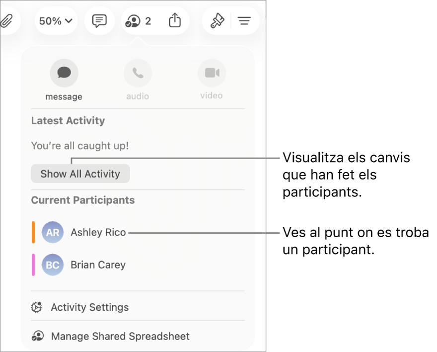 Menú de col·laboració amb una llista de dos participants actuals.