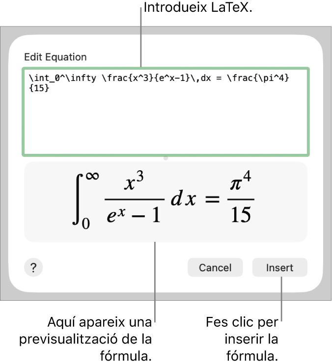 La fórmula quadràtica escrita en llenguatge LaTeX al camp d’equació i una previsualització de l’equació a sota.