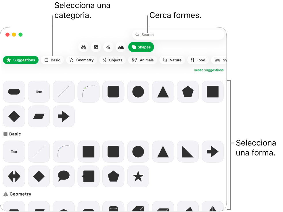 La biblioteca de formes, amb categories a l’esquerra i les formes a la dreta. Pots utilitzar el camp de cerca situat a la part superior per trobar formes i desplaçar‑te per veure’n més.