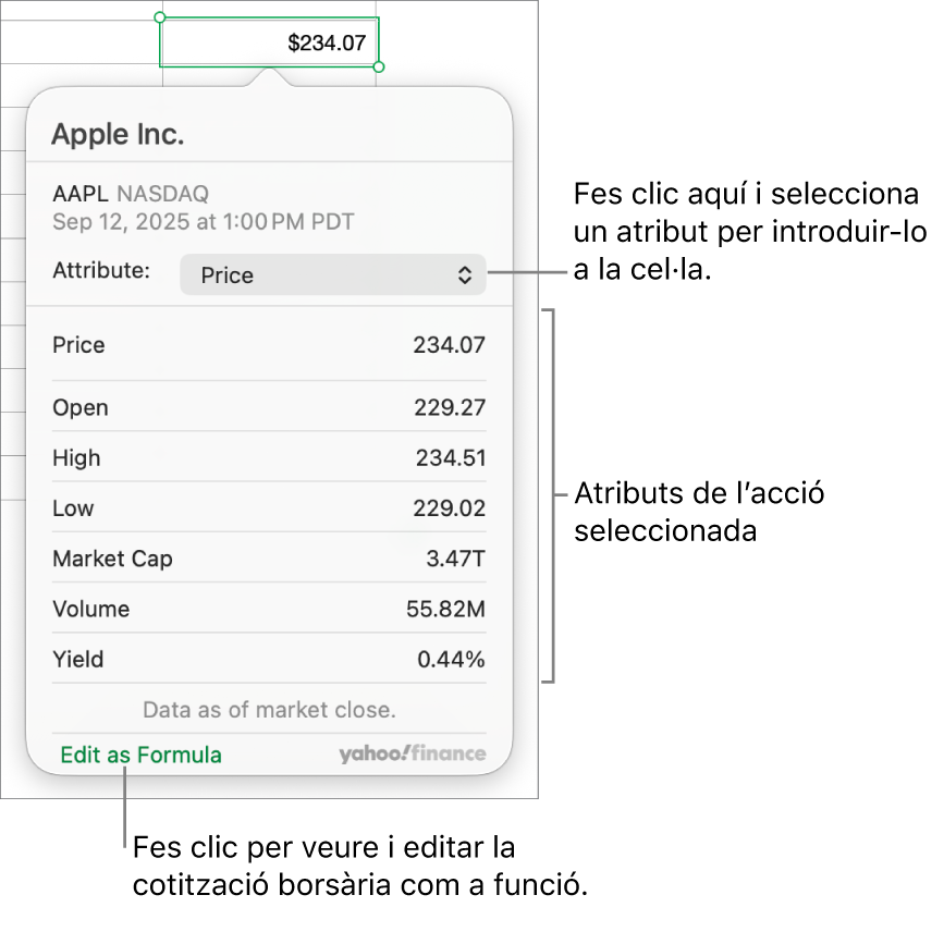 Diàleg per introduir informació d’atribut d’accions, amb Apple com a acció seleccionada.