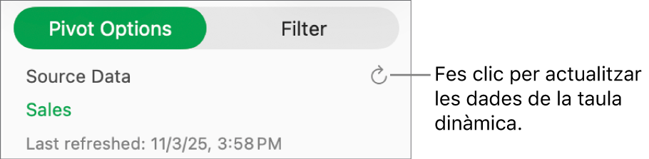 La pestanya “Opcions de taula dinàmica” que mostra l’opció per actualitzar la taula dinàmica.