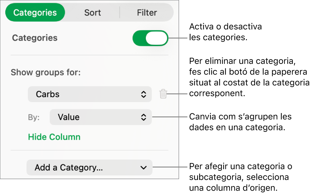 La barra lateral de categories amb opcions per desactivar categories, eliminar categories, agrupar dades, ocultar la columna d’origen i afegir categories.